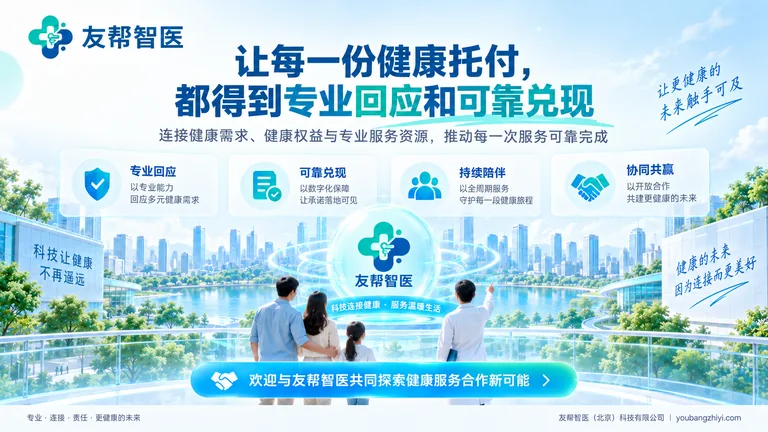 友帮智医家庭健康托付宣传图,以家庭和专业人员展示专业回应、可靠兑现与持续陪伴